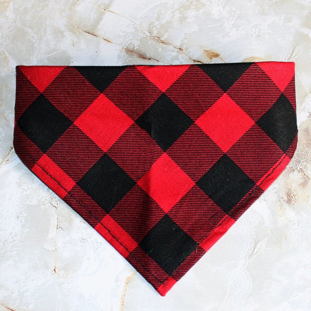 HAND CRAFTED Bandana Buffalo Plaid Red Black Print Dog Pet Scarf Accessory